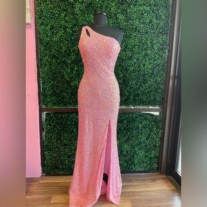 Primavera couture, one shoulder, baby pink sequin gown